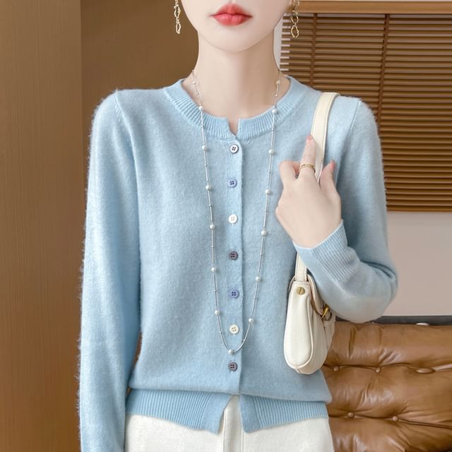 Weelop-Round Neck Plain Button Up Knitted Cardigan