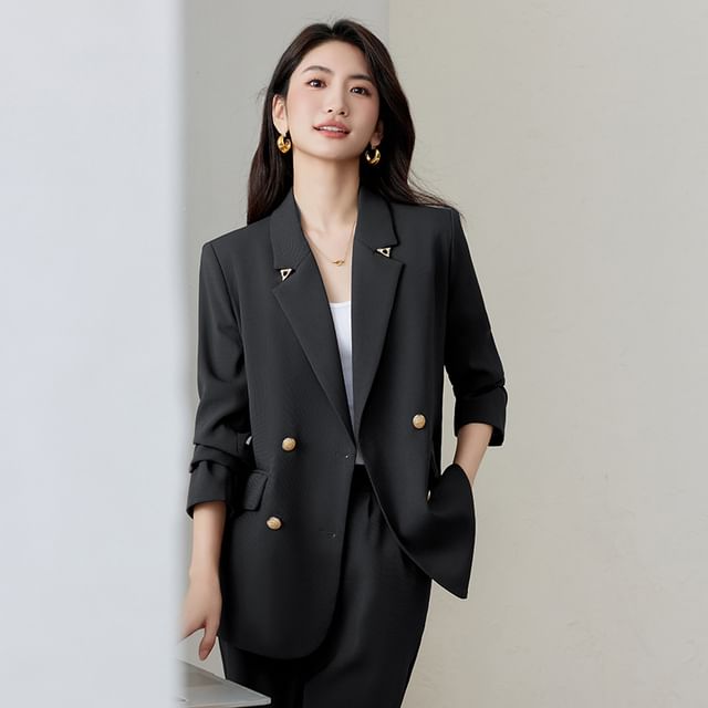 Skyheart-Lapel Collar Plain Double Breasted Blazer Mid Rise Plain Straight Leg Dress Pants Set