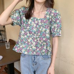 Fabricino - 碎花短袖荷叶腰衬衫 Fabricino - 碎花短袖荷叶腰衬衫