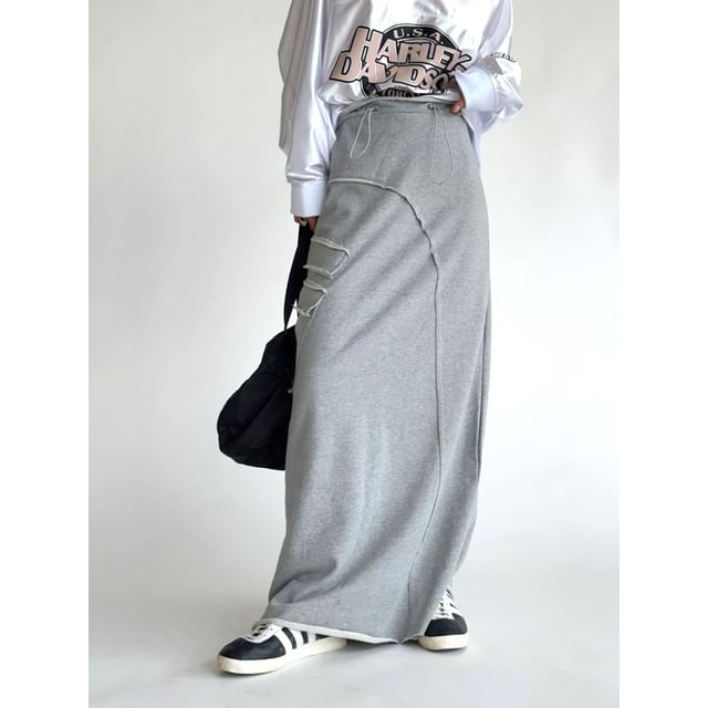 SeoulPop-High-Waist Plain Drawstring Maxi Skirt