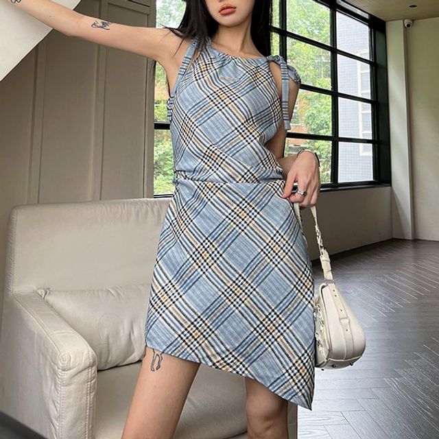 navy blue dress for baby girl Plaid Asymmetric Bow Knot Spaghetti Strap Dress main image 1