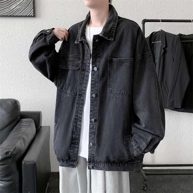 Phoneus-Collared Button-Up Denim Jacket
