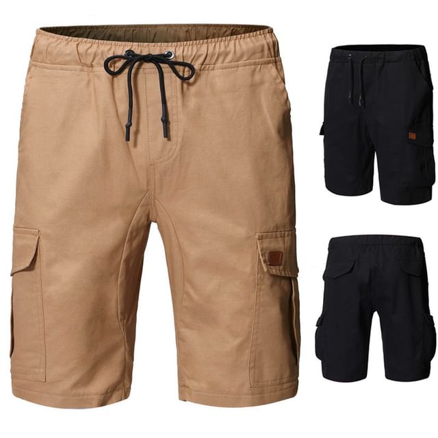 YIKES-Drawstring Waist Plain Cargo Shorts