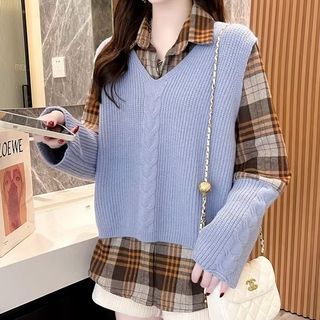 Noqom Set Knit Panel Plaid Shirt Sweater Vest YesStyle