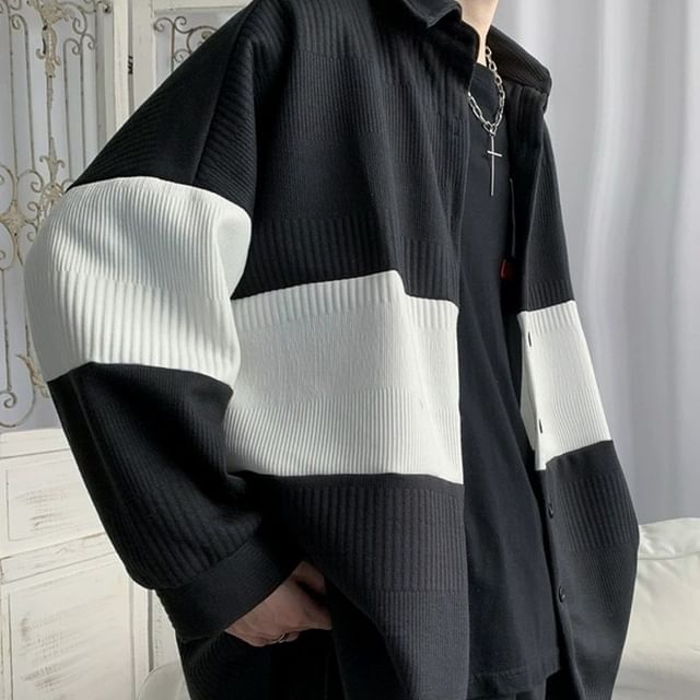 emeisa-Collared Two Tone Button-Up Jacket