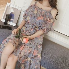 TROBIZ - Short-Sleeve Floral Print Cold Shoulder Midi Dress TROBIZ - Short-Sleeve Floral Print Cold Shoulder Midi Dress