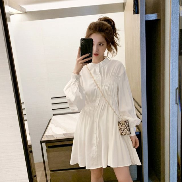 Kira Kira - Long-Sleeve Band Collar Plain A-Line Shirt Dress