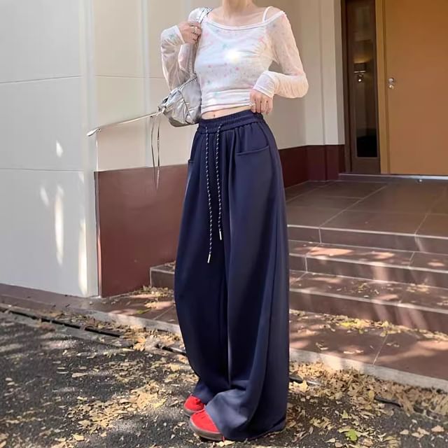 Dovitade-Drawstring Waist Plain Baggy Sweatpants