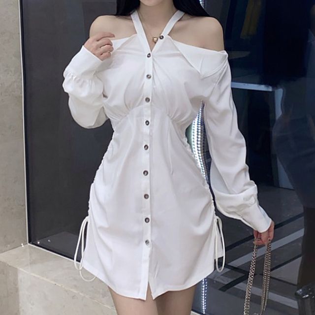 KONGER Long Sleeve Cold Shoulder Drawstring Shirt Dress YesStyle