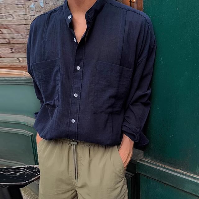 DragonRoad-Long-Sleeve Pocketed Linen Shirt