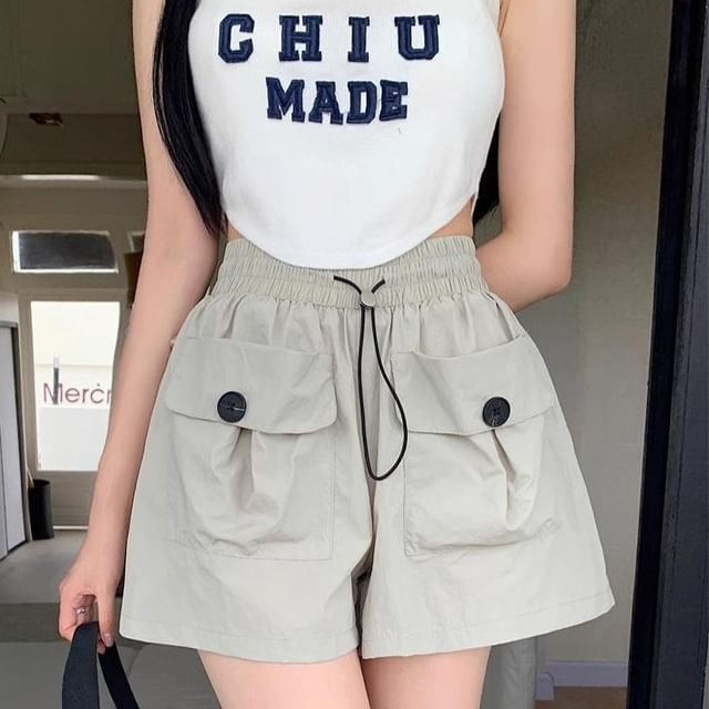 monroll-High Waist Plain Wide Leg Cargo Shorts