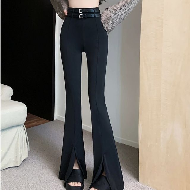 Whoosh - Set: High Waist Plain Slit Flared Pants + Belt | YesStyle Whoosh - Set: High Waist Plain Slit Flared Pants + Belt | YesStyle