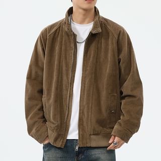 Nataro-Stand Collar Zip-Up Plain Corduroy Jacket