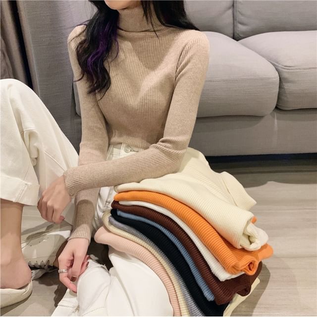 Magimomo-Turtleneck Plain Ribbed Sweater