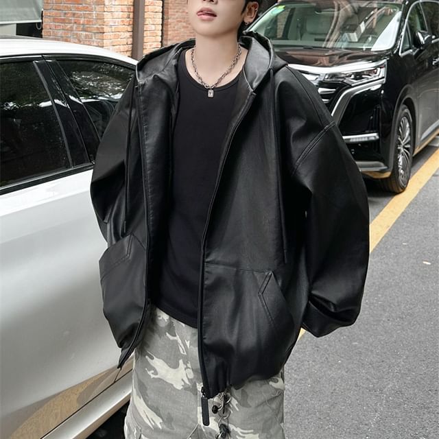 Plummie-Faux Leather Hooded Zip-Up Jacket