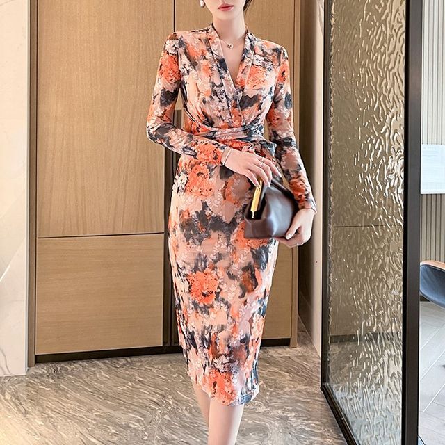 【極美品✨】Winter Floral Long-sleeve Dress Floral Print Mid Length Dress Long Sleeve Vintage Dresses