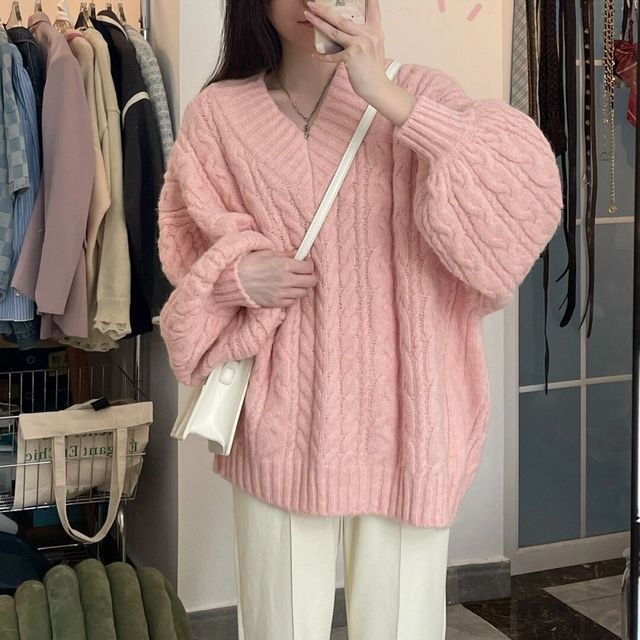 Beaustreet-V-Neck Plain Cable-Knit Oversized Sweater