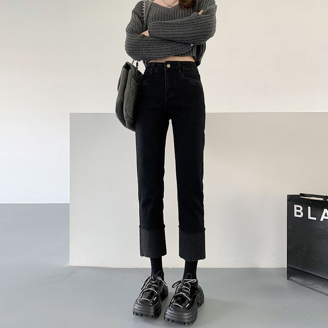 Hazie High Waist Fleece Lined Roll Up Straight Leg Jeans YesStyle