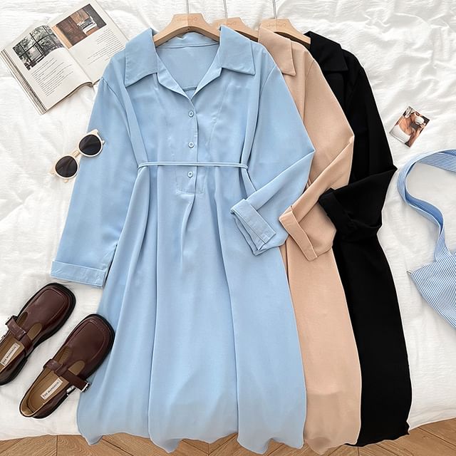 DIYI-Long-Sleeve Collared Plain Button Midi A-Line Dress