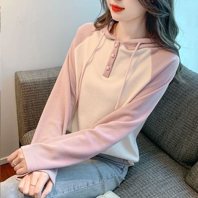 Cloud Nine-Raglan-Sleeve Henley Two Tone Drawstring Ribbed Hoodie