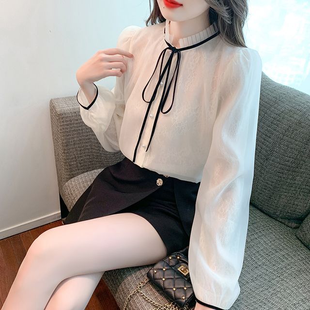 Dragan Pulse-Long-Sleeve Tie Neck Plain Blouse