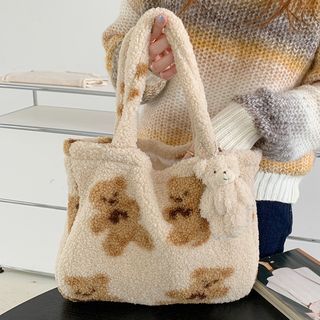 Rubis - Set: Bear Print Fleece Tote Bag + Teddy Bear Bag Charm