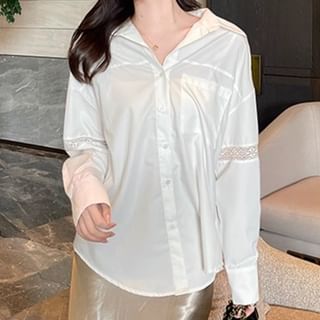 Dragan Pulse-Long-Sleeve Collared Lace Panel Button-Up Blouse