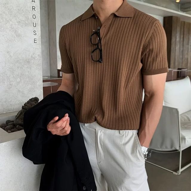 Kimeya-Short-Sleeve Plain Knit Polo Top