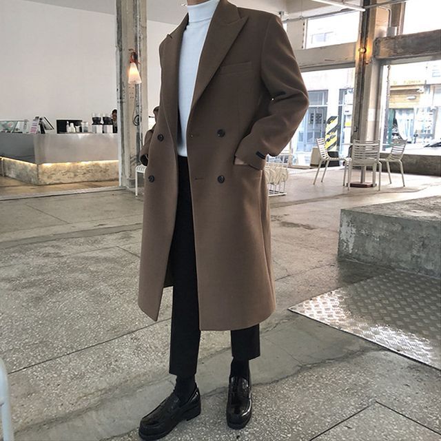 Omozando-Long-Sleeve Plain Double-Breasted Woolen Coat