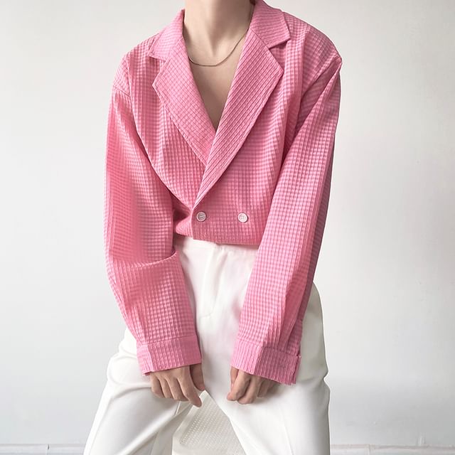 Freehop-Plain Double-Breasted Blazer