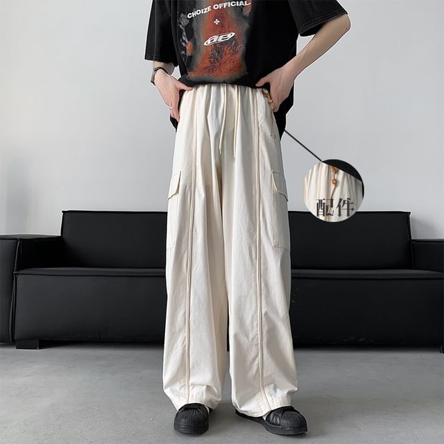 Freehop-Drawstring Waist Plain Wide Leg Cargo Pants
