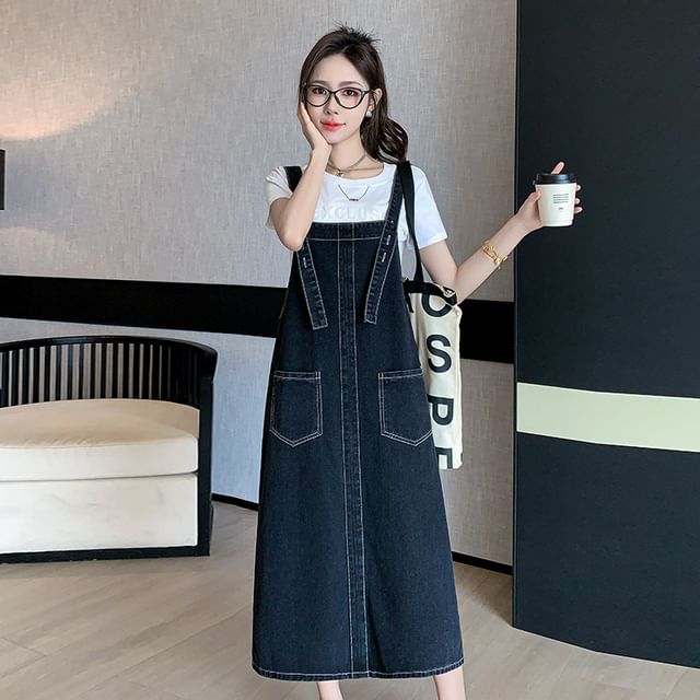 midi dungaree dress Patou Wool Dungaree Dress With Belt And Slit In Black