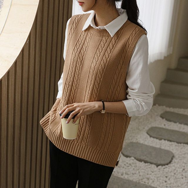 JUSTONE - Dip-Back Cable-Knit Sweater Vest | YesStyle