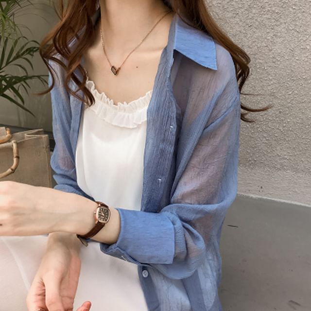 Shinsei-Long Sleeve Collared Plain Sheer Shirt