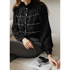 Styleonme - Frilled Stitched Lace-Trim Blouse