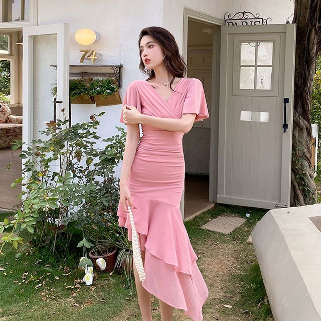 Aurora - Short-Sleeve V-Neck Plain Ruffle Ruched Asymmetrical Midi Mermaid Wrap  Dress | YesStyle