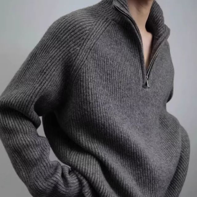 Naideth-Turtleneck Plain Half Zip Ribbed Sweater