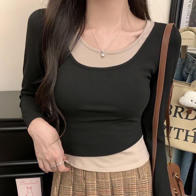 Sienne-Long Sleeve Crew Neck Mock Two Piece Crop Tee