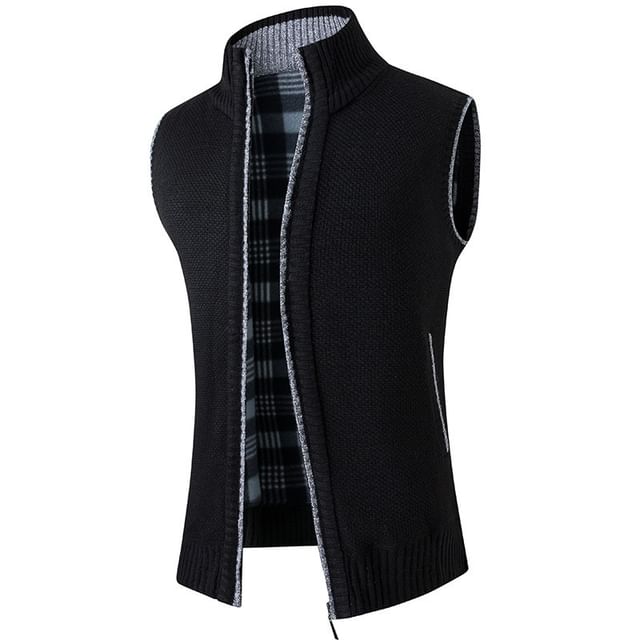 YIKES-Stand Collar Plain Zip Sweater Vest