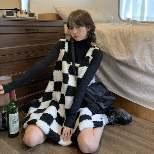 Jaysee Checkerboard Fleece Mini A Line Overall Dress YesStyle