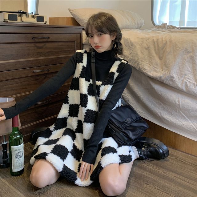checkerboard overall dress
