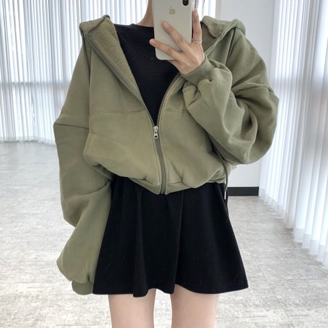 Coris-Drop Shoulder Plain Zip Up Cropped Hoodie