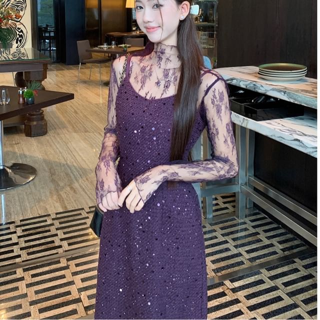 Whoosh - Long-Sleeve Mock Neck See-Through Lace Top / Spaghetti Strap  Sequin Slit Maxi A-Line Dress | YesStyle