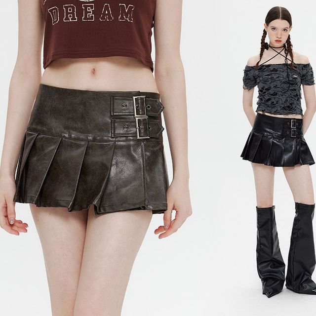 Nariele Mid Rise Plain Pleated Buckled Faux Leather Mini A-Line