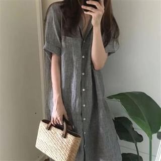 Everose-Short Sleeve Collared Striped Button Midi A-Line Dress