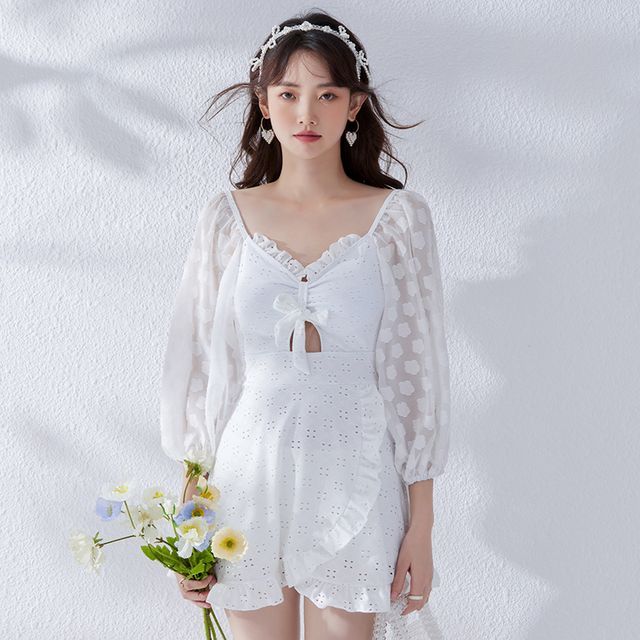 Heyswim - Puff-Sleeve Floral Swim Dress | YesStyle