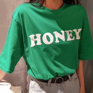 icecream12 - Elbow-Sleeve 'Honey' Print T-Shirt | YesStyle