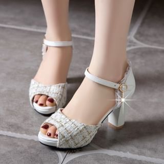 Freesia-Plaid Ruffle Tweed Chunky Heel Sandals