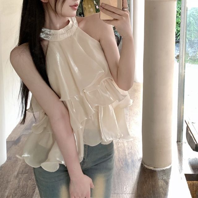 Odestra-Halter Plain Ruffle Blouse