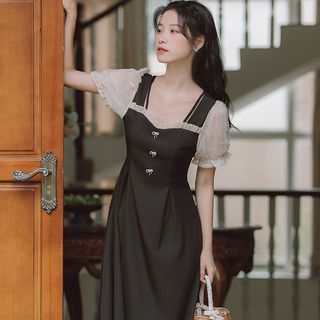 retro dress shopee Retro Forest - Puff-Sleeve Floral Print Ruffle Trim Midi A-Line Dress